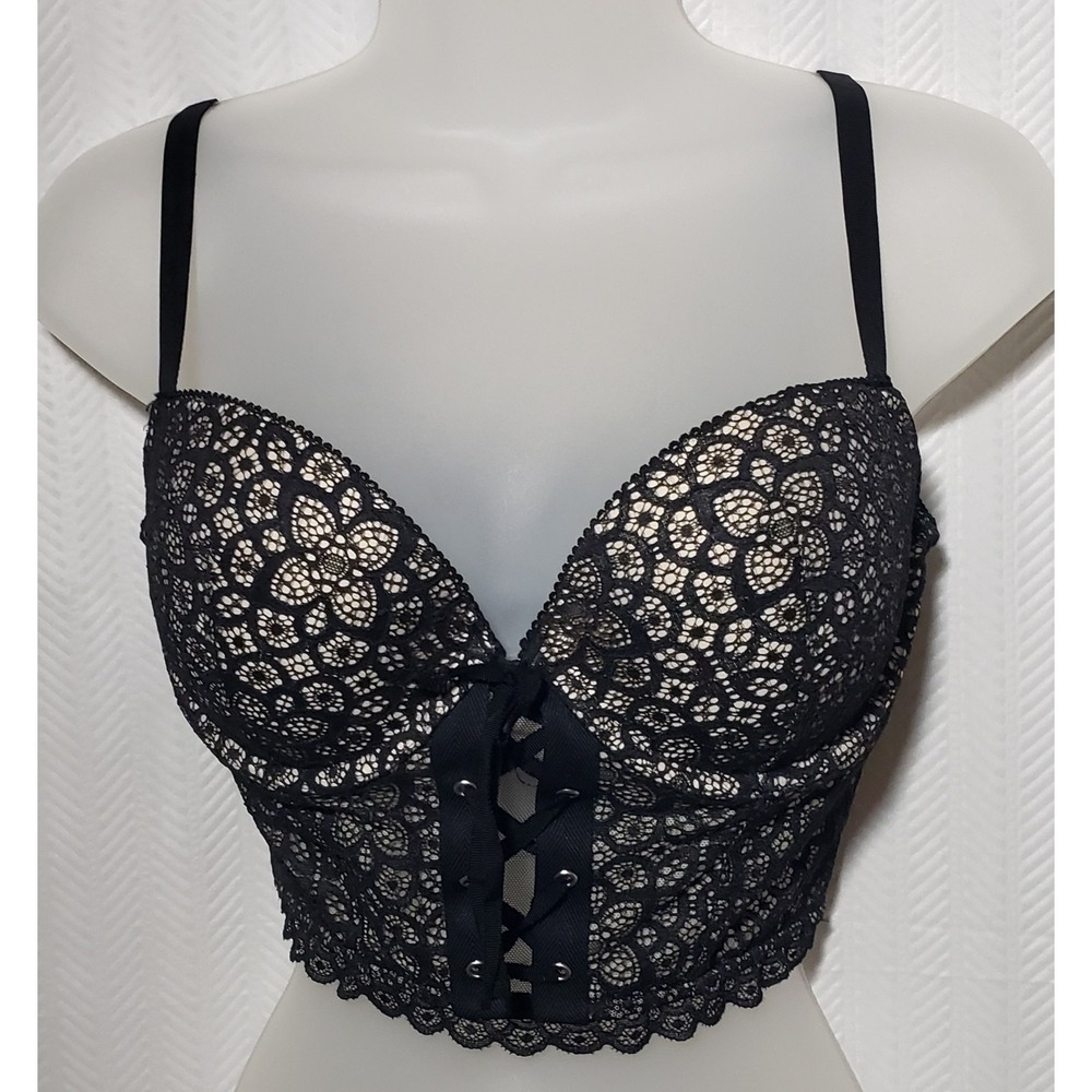 Victoria's Secret Size 36C Black Lace Padded Demi Bustier Corset Bra NWOT